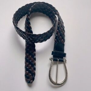 Wide Braided Leather Belt in Black & Brown w/ Large Silver Toned Etched Buckle